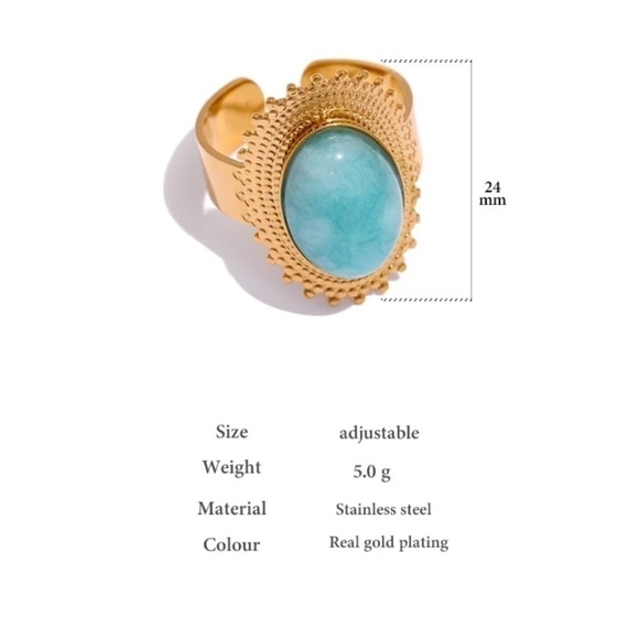 RETRO Large Aqua Natural Stone Gold Plated Statement Ring - Picture 3 of 12